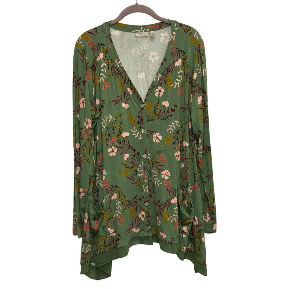 LOGO Lori Goldstein Floral Tunic Top Large Green Button Front Long Sleeve Flowy